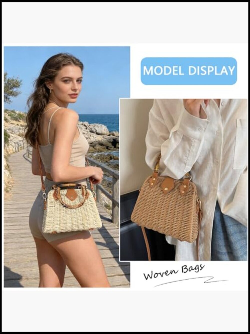 Straw Tote Bag Woven Crossbody Shoulder Handbag Beach Summer Vacation Vintage - Picture 2 of 7
